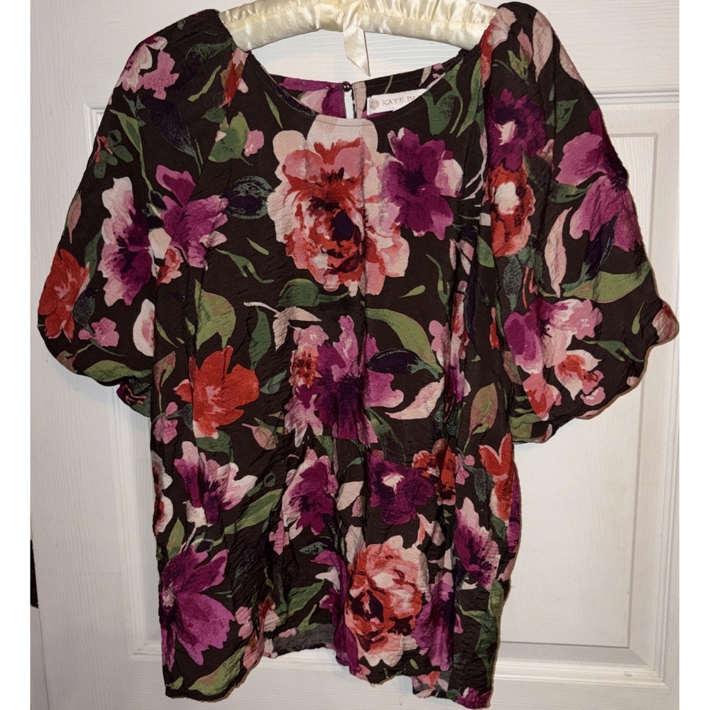 Kate Park XL Rose Plum Brown Floral Bubble Short Sleeve Blouse Top Work Weekend